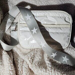 Glossy White Crossbody – Star Strap, Vertical Zip, Vintage Premium Streetwear